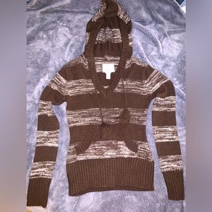 Brown & cream colored, striped, size Medium, OP hooded sweater with front pocket